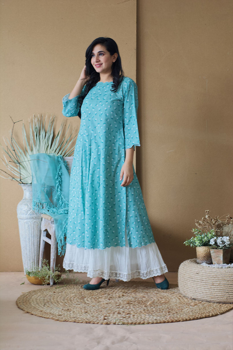 BLUE POPPY KURTA WITH CRUSHED SHARARA ( WITHOUT DUPATTA) - Naaz By Noor