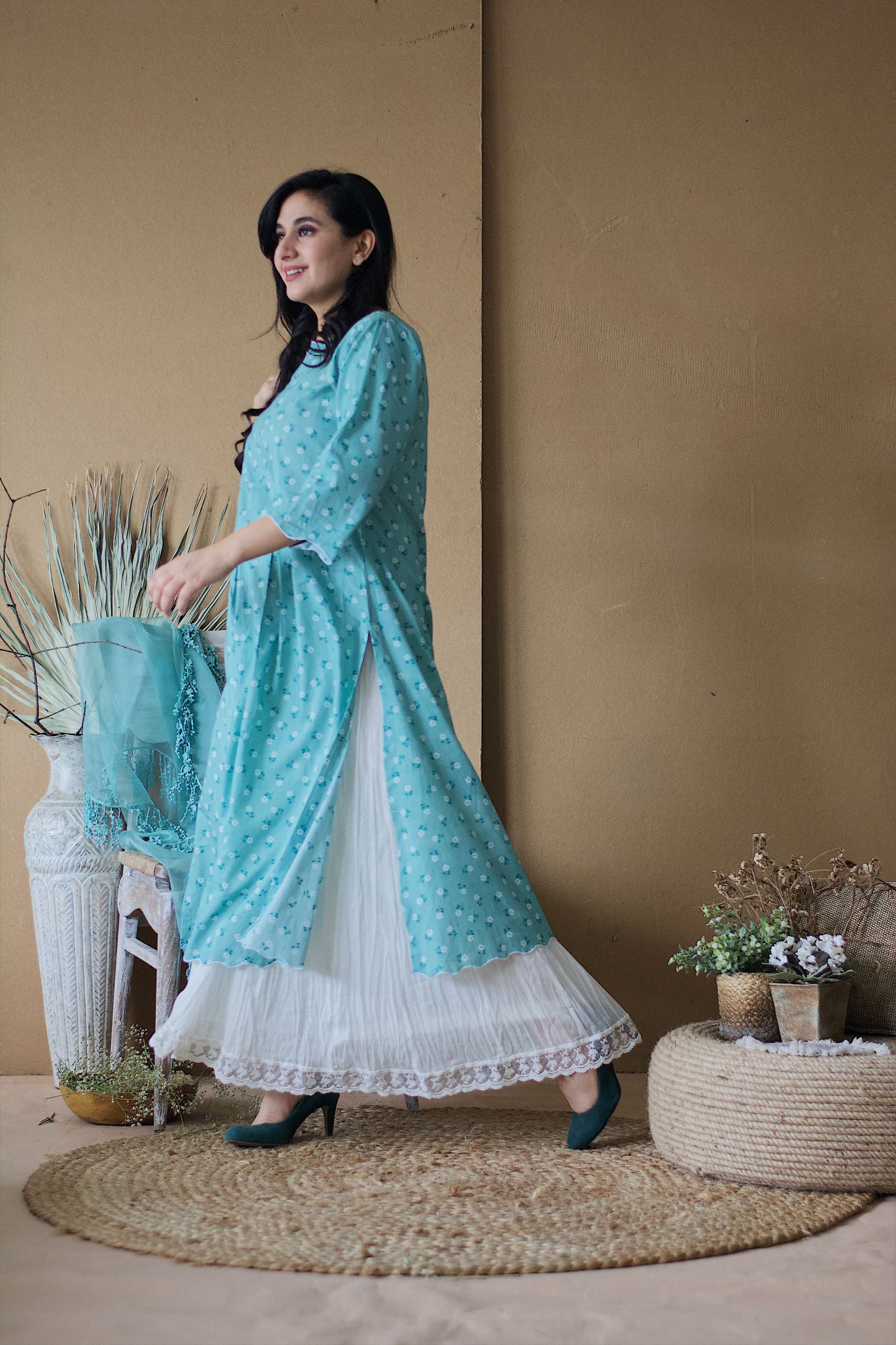 BLUE POPPY KURTA WITH CRUSHED SHARARA ( WITHOUT DUPATTA) - Naaz By Noor