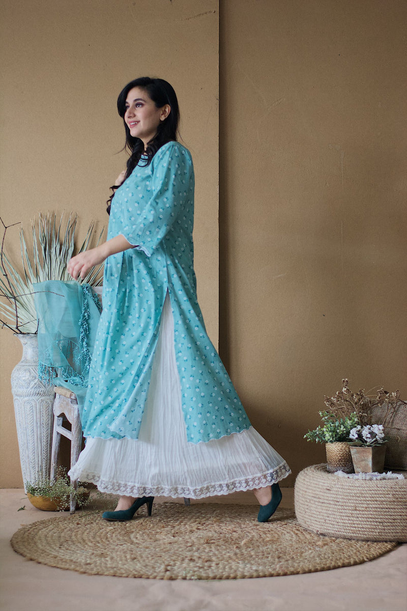 BLUE POPPY KURTA WITH CRUSHED SHARARA ( WITHOUT DUPATTA) - Naaz By Noor