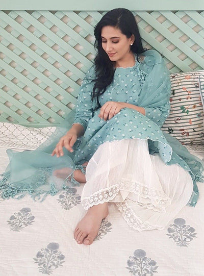 BLUE POPPY KURTA WITH IVORY CRUSHED SHARARA AND DUPATTA - Naaz By Noor