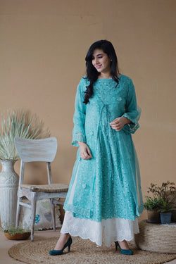 BLUE POPPY KURTA WITH ORGANZA OVERLAY AND IVORY SCHIFFLI PLAZZO - Naaz By Noor