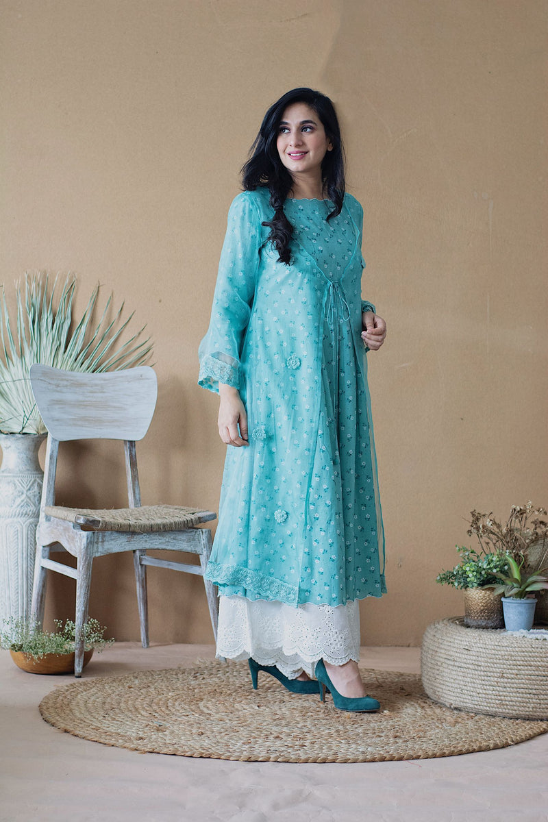 BLUE POPPY KURTA WITH ORGANZA OVERLAY AND IVORY SCHIFFLI PLAZZO - Naaz By Noor
