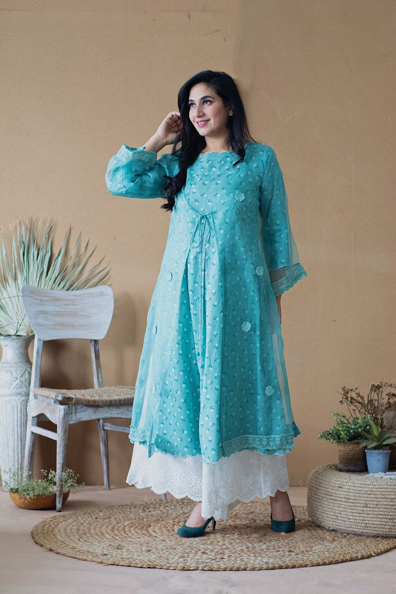 BLUE POPPY KURTA WITH ORGANZA OVERLAY AND IVORY SCHIFFLI PLAZZO - Naaz By Noor