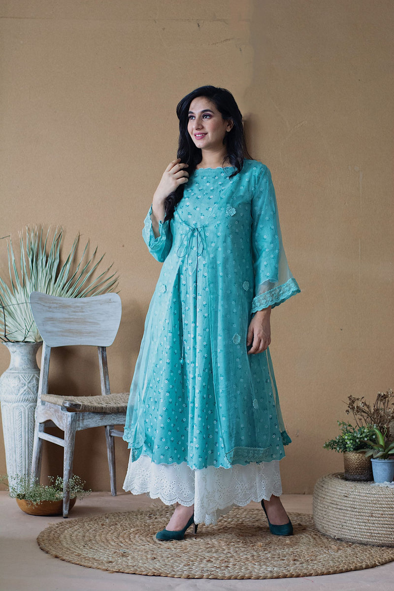 BLUE POPPY KURTA WITH ORGANZA OVERLAY AND IVORY SCHIFFLI PLAZZO - Naaz By Noor