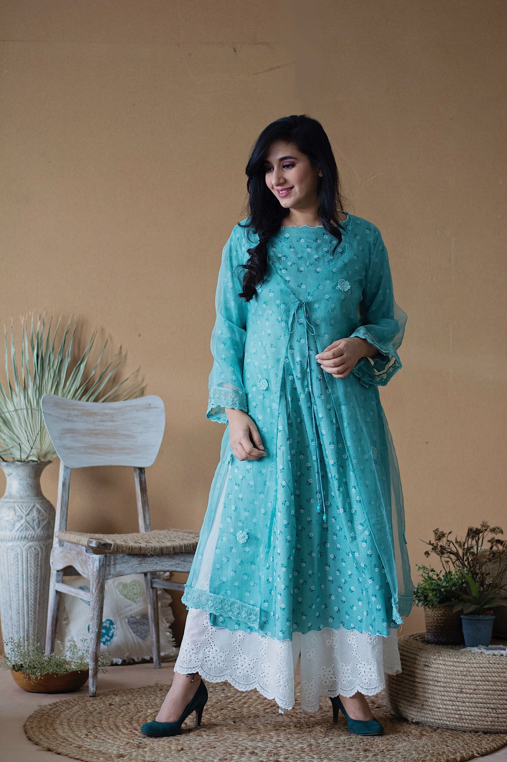 BLUE POPPY KURTA WITH ORGANZA OVERLAY AND IVORY SCHIFFLI PLAZZO - Naaz By Noor