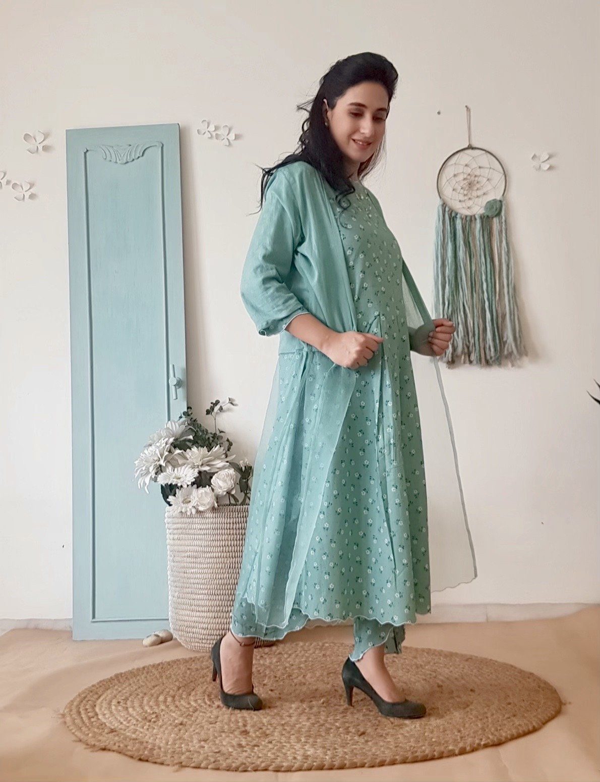 BLUE POPPY KURTA WITH OVERLAY AND PRINTED PANTS - Naaz By Noor
