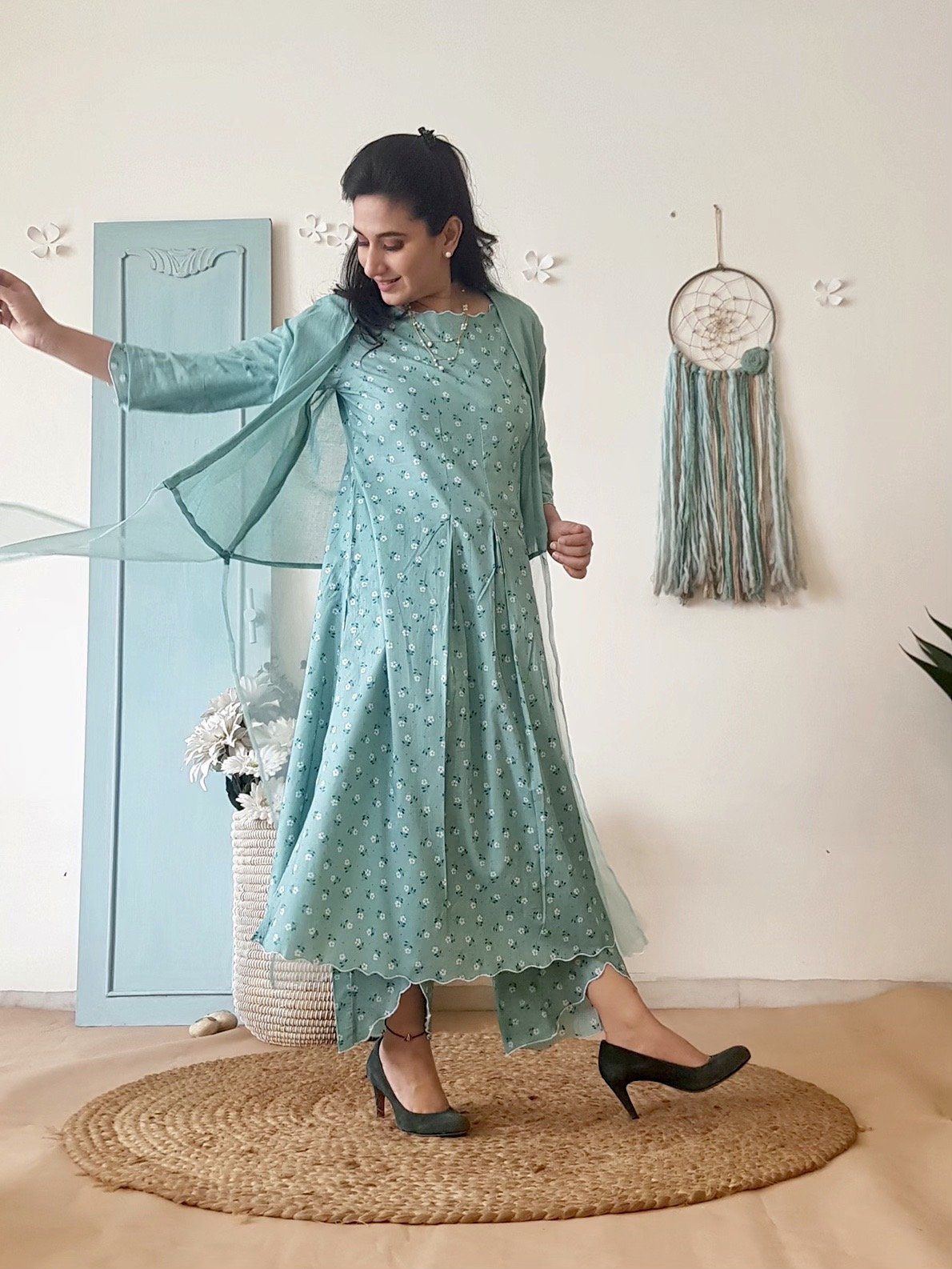 BLUE POPPY KURTA WITH OVERLAY AND PRINTED PANTS - Naaz By Noor
