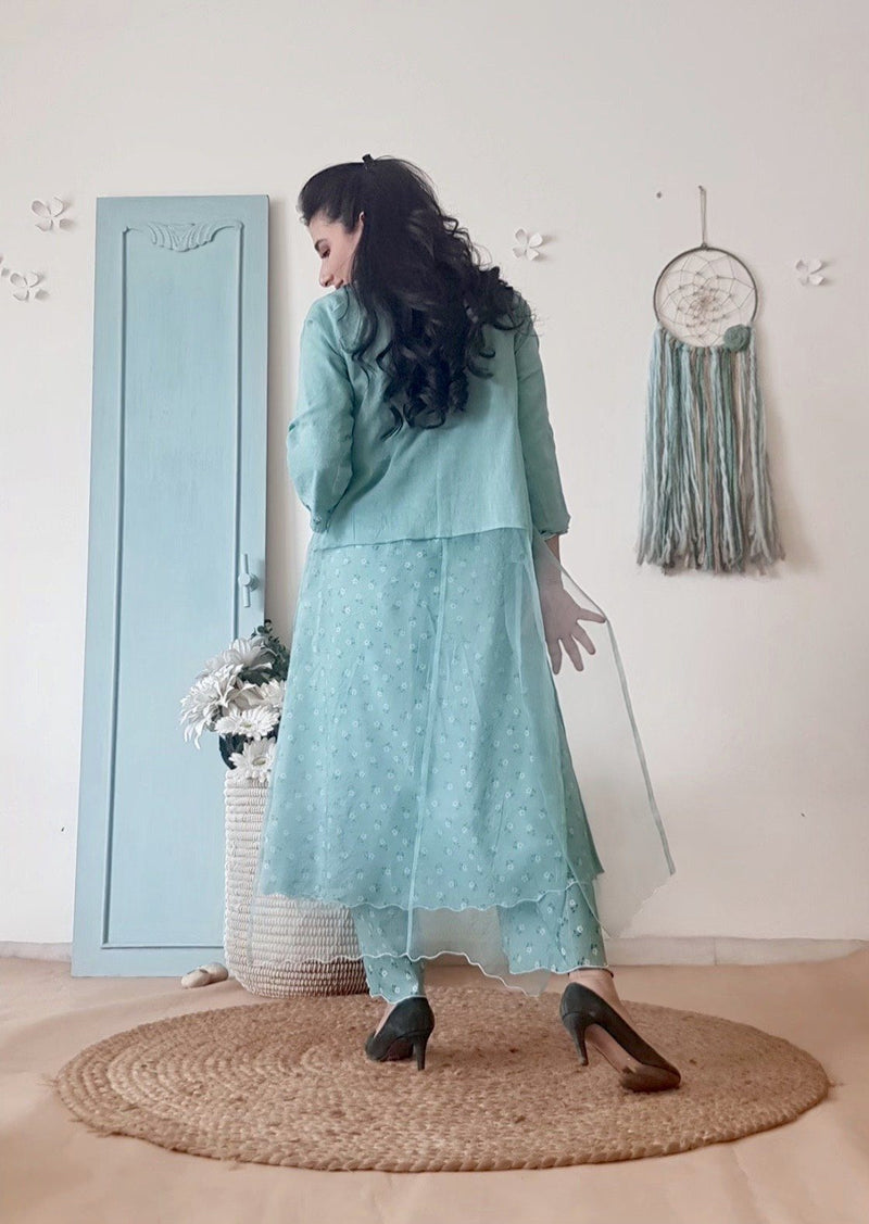 BLUE POPPY KURTA WITH OVERLAY AND PRINTED PANTS - Naaz By Noor