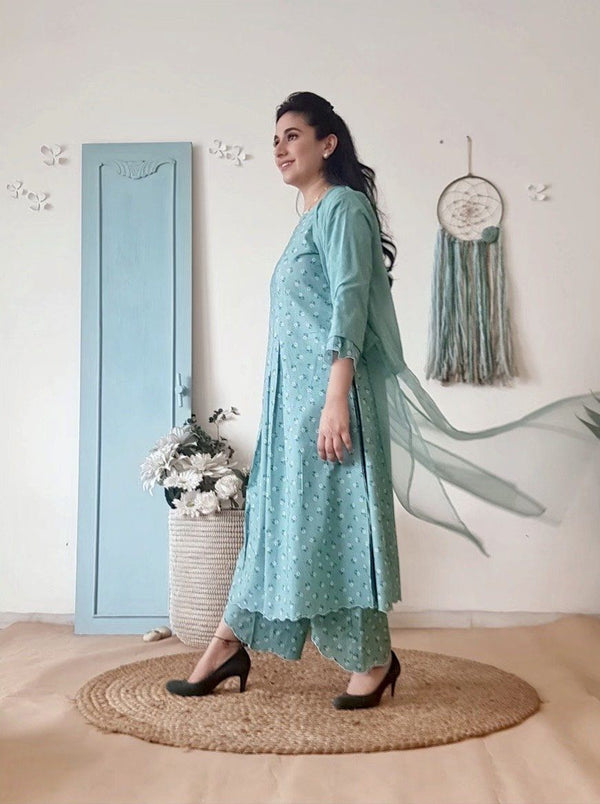 BLUE POPPY KURTA WITH OVERLAY AND PRINTED PANTS - Naaz By Noor