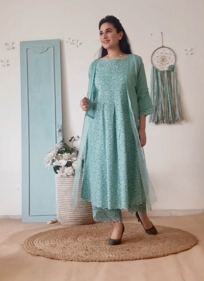 BLUE POPPY KURTA WITH OVERLAY AND PRINTED PANTS - Naaz By Noor