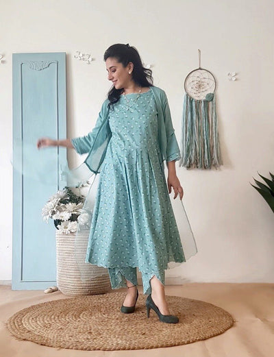 BLUE POPPY KURTA WITH OVERLAY AND PRINTED PANTS - Naaz By Noor