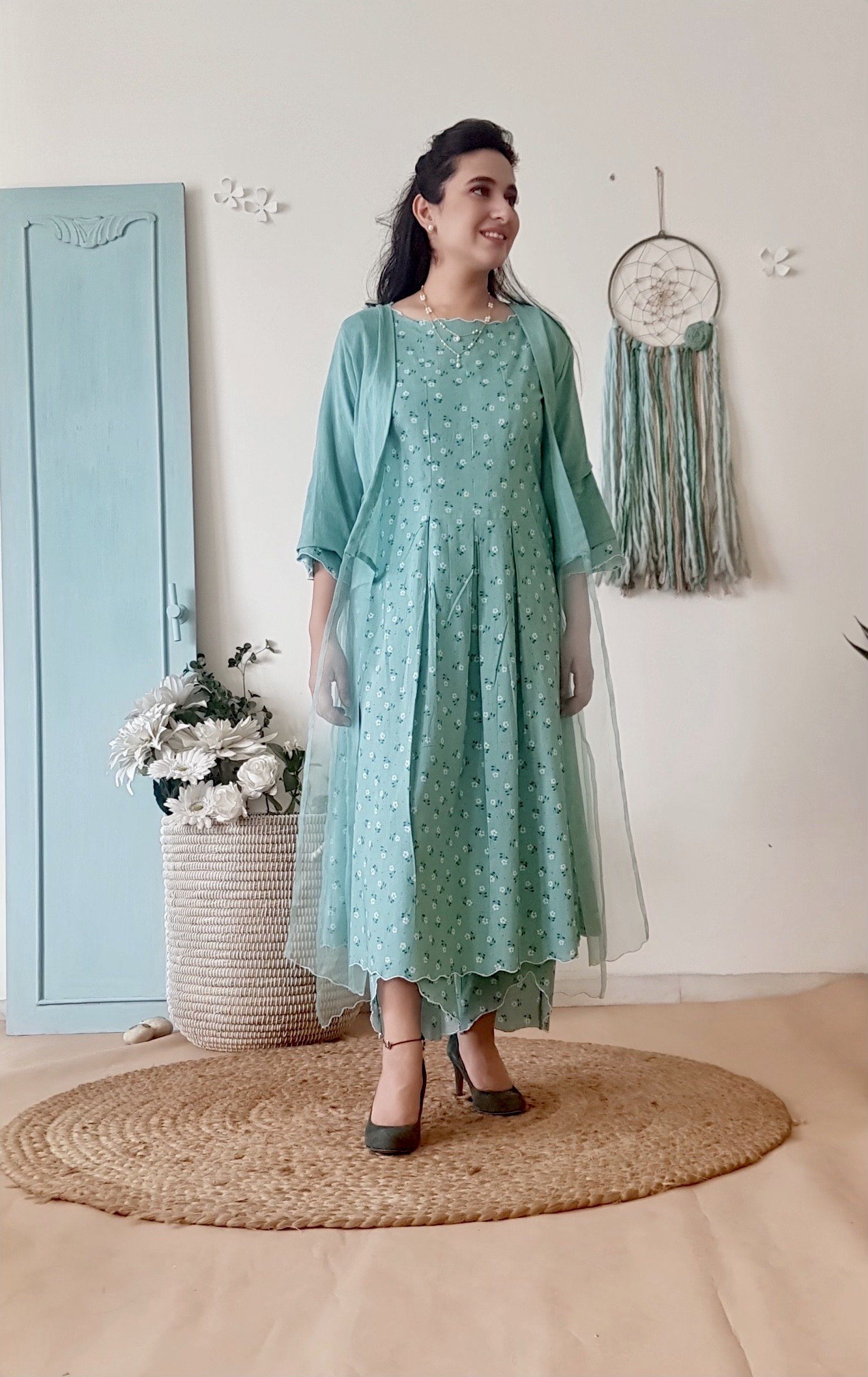 BLUE POPPY KURTA WITH OVERLAY AND PRINTED PANTS - Naaz By Noor