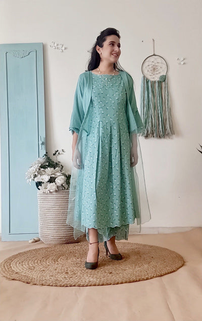 BLUE POPPY KURTA WITH OVERLAY AND PRINTED PANTS - Naaz By Noor