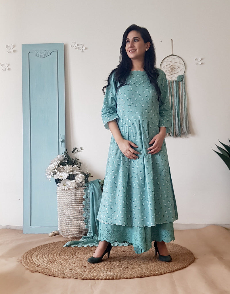 BLUE POPPY KURTA WITH SCHIFLLI PLAZZO WITHOUT DUPATTA - Naaz By Noor