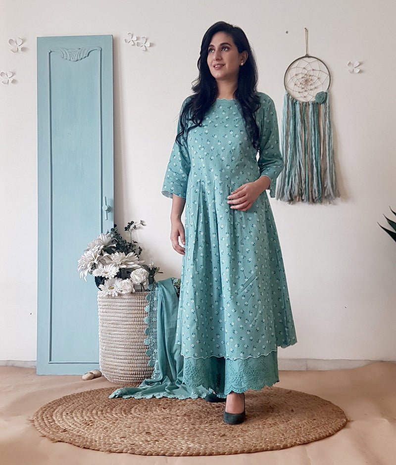BLUE POPPY KURTA WITH SCHIFLLI PLAZZO WITHOUT DUPATTA - Naaz By Noor
