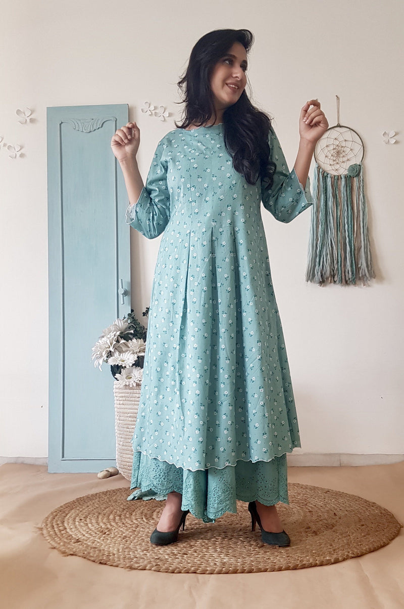 BLUE POPPY KURTA WITH SCHIFLLI PLAZZO WITHOUT DUPATTA - Naaz By Noor