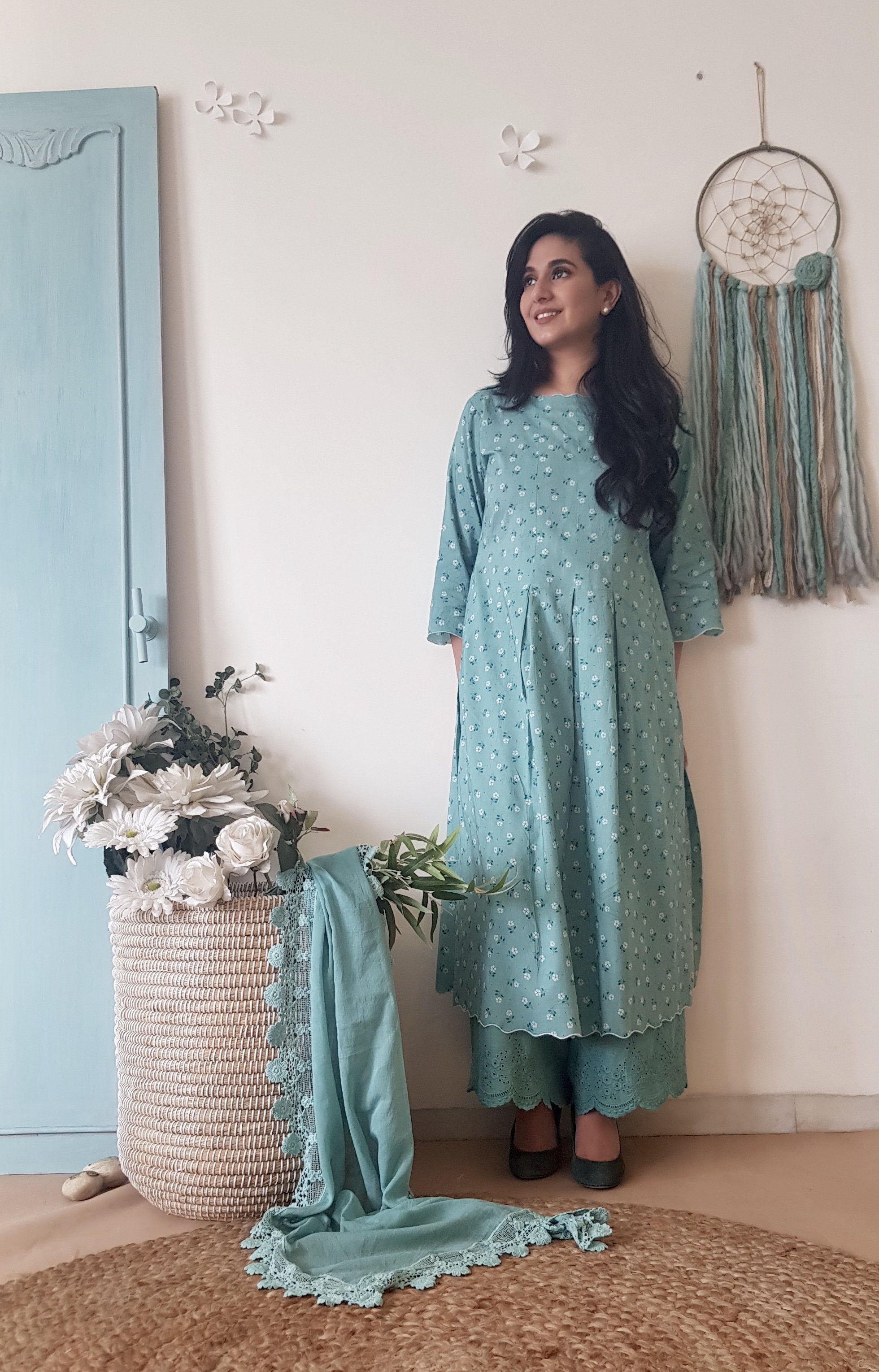 BLUE POPPY KURTA WITH SCHIFLLI PLAZZO WITHOUT DUPATTA - Naaz By Noor