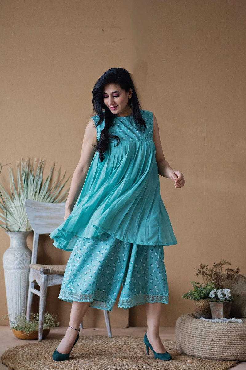 BLUE POPPY PLEATED KURTA PANT SET - Naaz By Noor