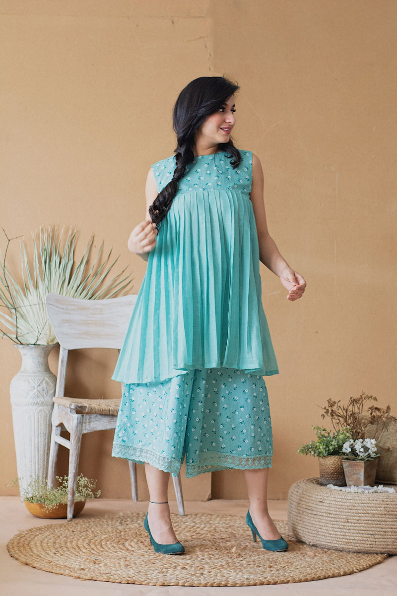 BLUE POPPY PLEATED KURTA PANT SET - Naaz By Noor