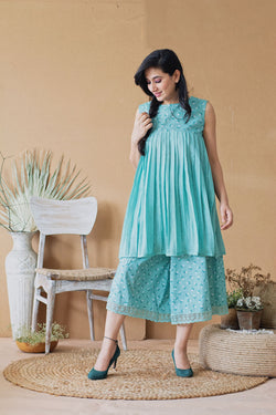 BLUE POPPY PLEATED KURTA PANT SET - Naaz By Noor