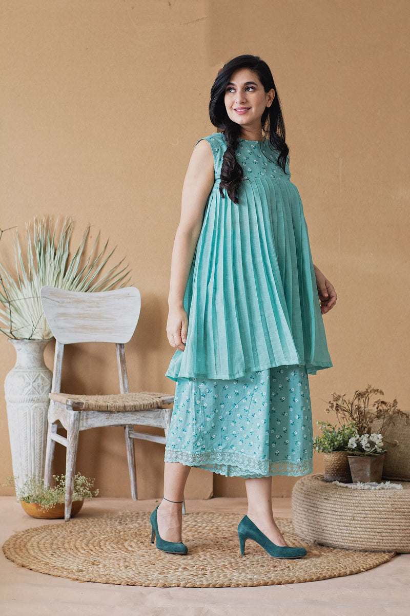 BLUE POPPY PLEATED KURTA PANT SET - Naaz By Noor