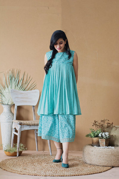 BLUE POPPY PLEATED KURTA PANT SET - Naaz By Noor