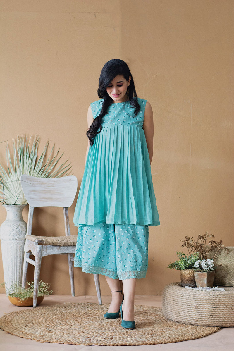 BLUE POPPY PLEATED KURTA PANT SET - Naaz By Noor