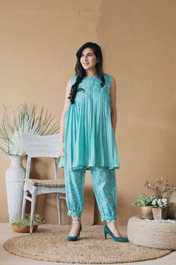 BLUE POPPY PLEATED KURTA WITH HAREM  SET - Naaz By Noor