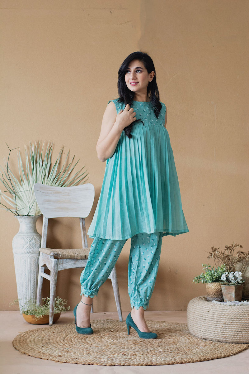 BLUE POPPY PLEATED KURTA WITH HAREM  SET - Naaz By Noor