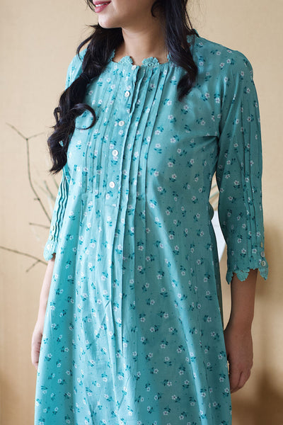 BLUE POPPY ROUNDED KURTA WITH IVORY SCHIFFLI PLAZZO AND DUPATTA - Naaz By Noor