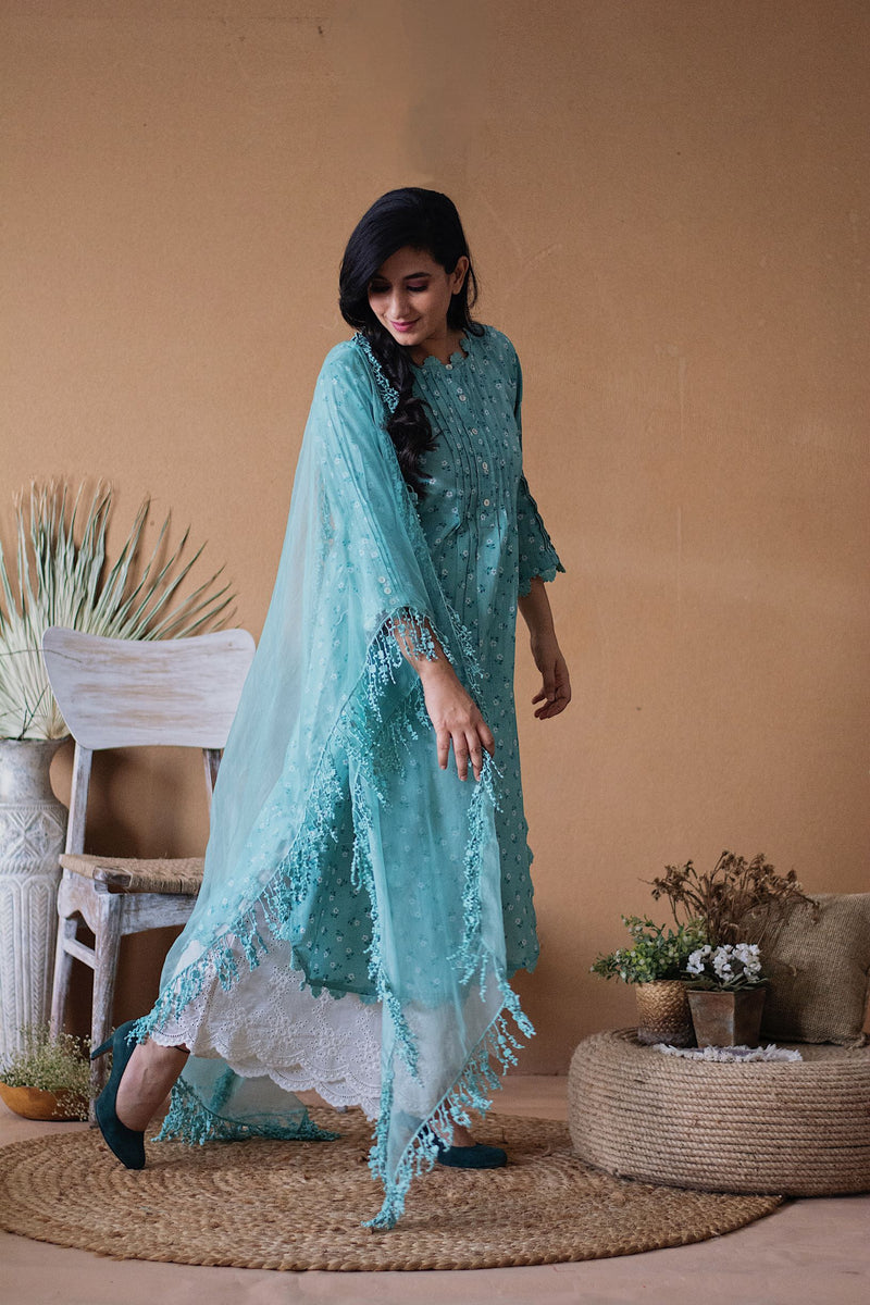 BLUE POPPY ROUNDED KURTA WITH IVORY SCHIFFLI PLAZZO AND DUPATTA - Naaz By Noor