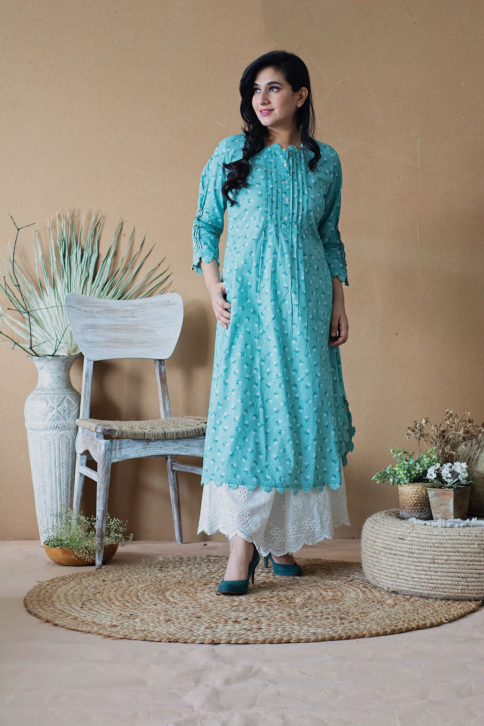 BLUE POPPY ROUNDED KURTA WITH IVORY SCHIFFLI PLAZZO ( WITHOUT DUPATTA) - Naaz By Noor