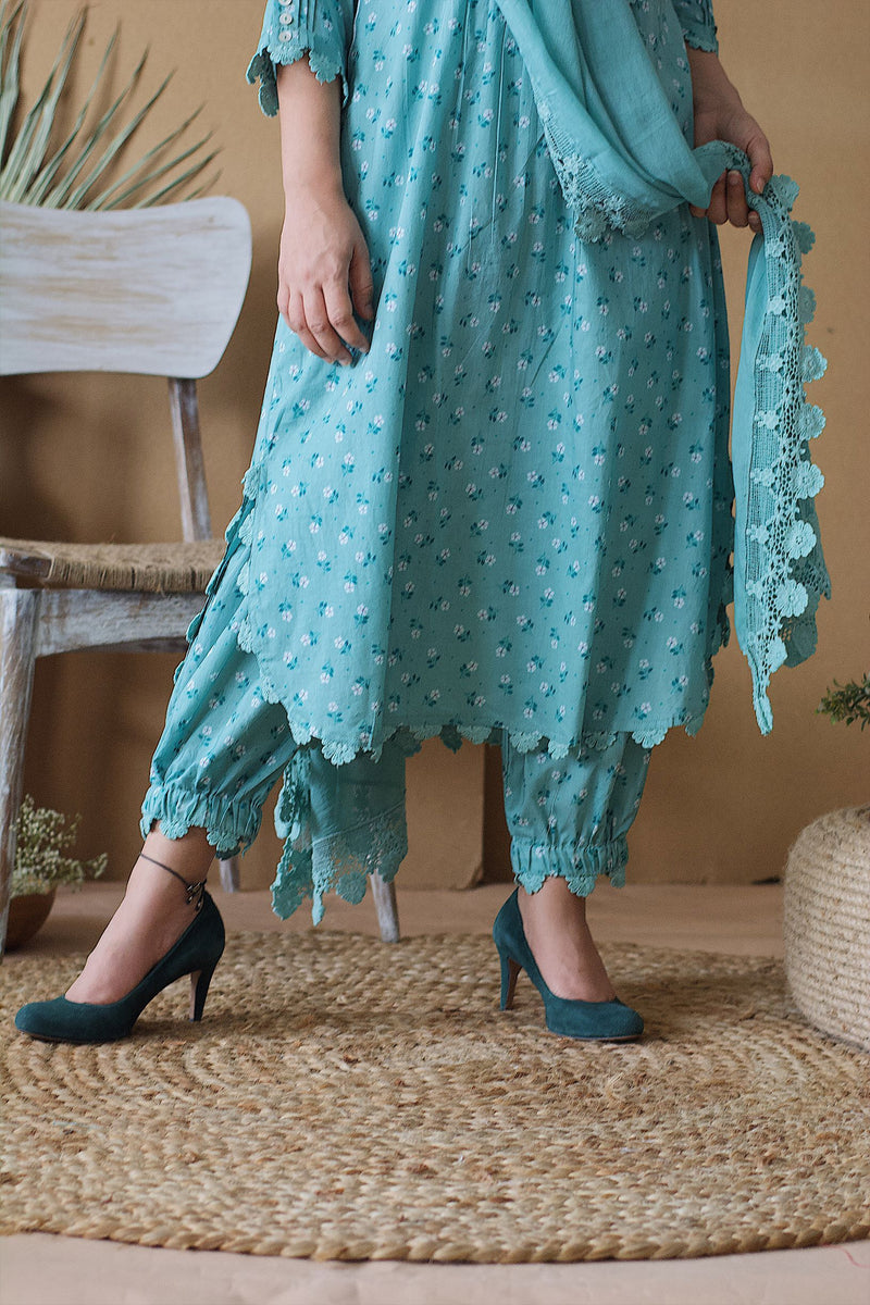 BLUE POPPY ROUNDED KURTA WITH PANTS AND DUPATTA - Naaz By Noor