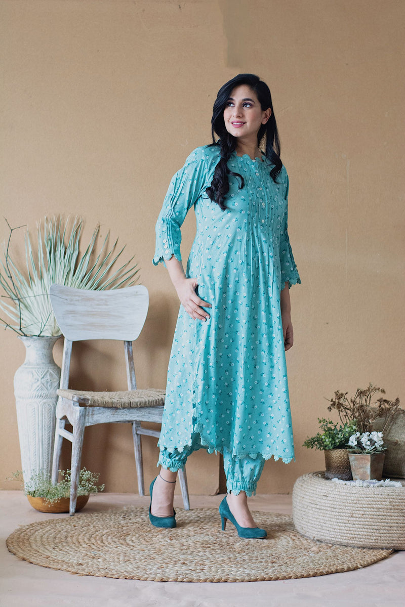 BLUE POPPY ROUNDED KURTA WITH PANTS AND DUPATTA - Naaz By Noor