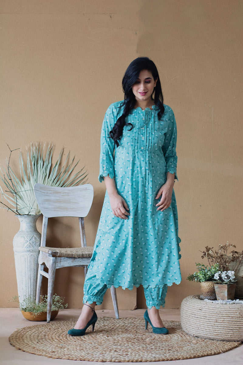 BLUE POPPY ROUNDED KURTA WITH PANTS AND DUPATTA - Naaz By Noor