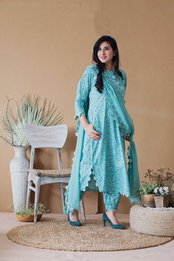 BLUE POPPY ROUNDED KURTA WITH PANTS AND DUPATTA - Naaz By Noor