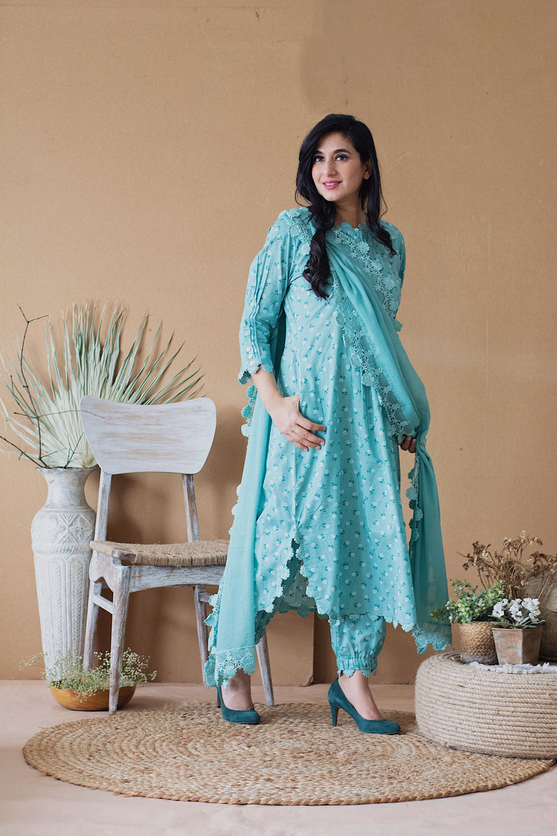 BLUE POPPY ROUNDED KURTA WITH PANTS AND DUPATTA - Naaz By Noor