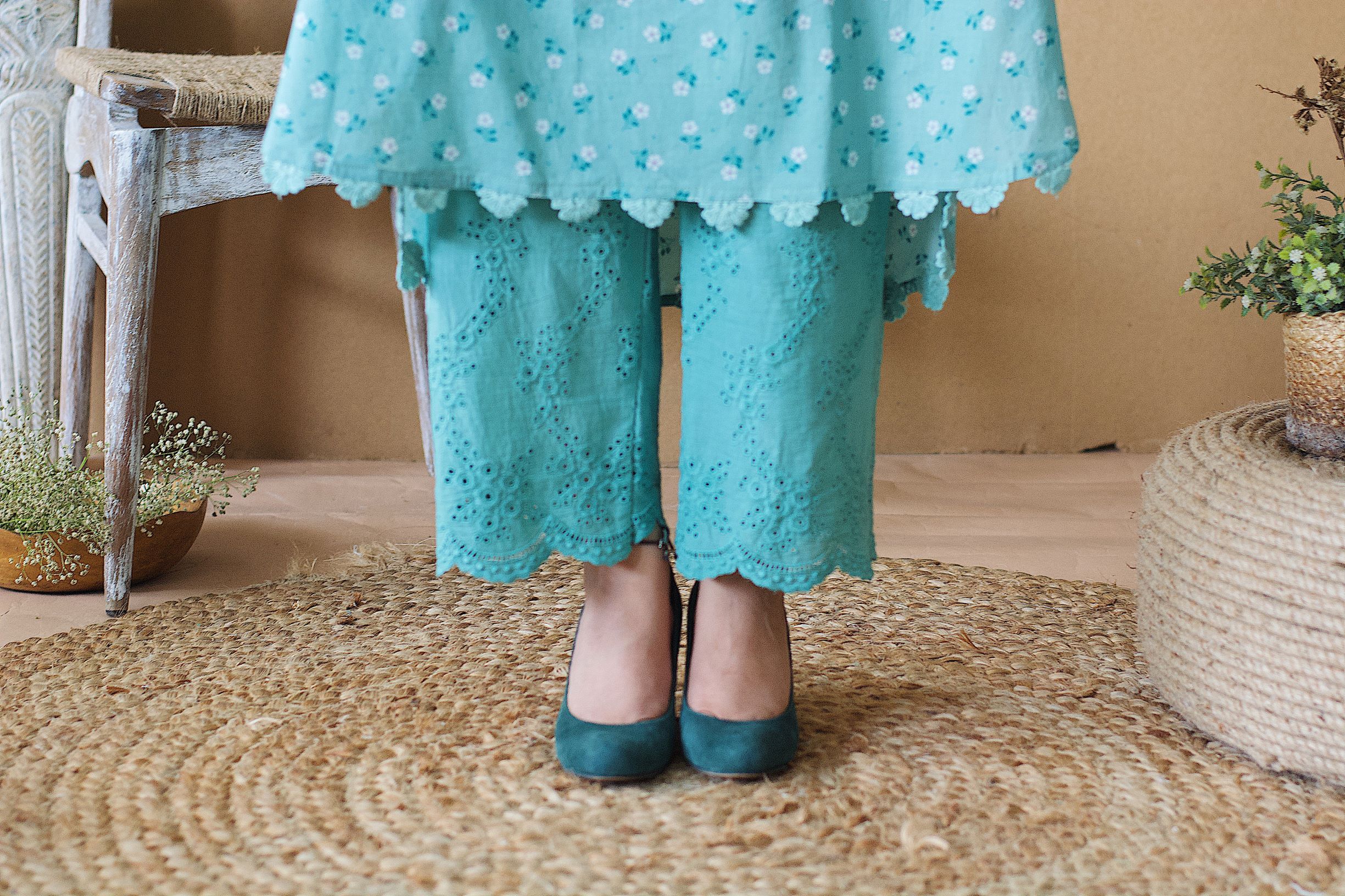BLUE POPPY ROUNDED KURTA WITH SCHIFFLI PANTS - Naaz By Noor