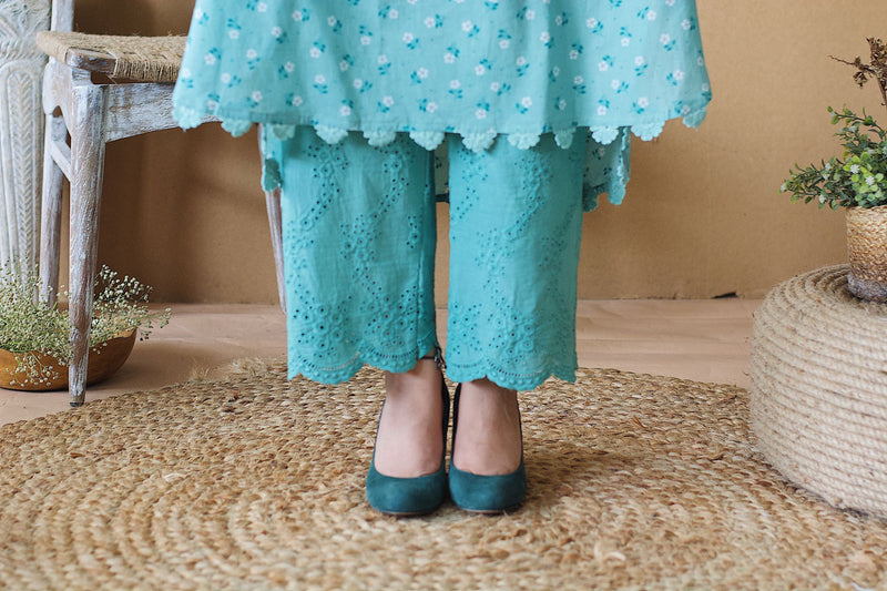 BLUE POPPY ROUNDED KURTA WITH SCHIFFLI PANTS - Naaz By Noor