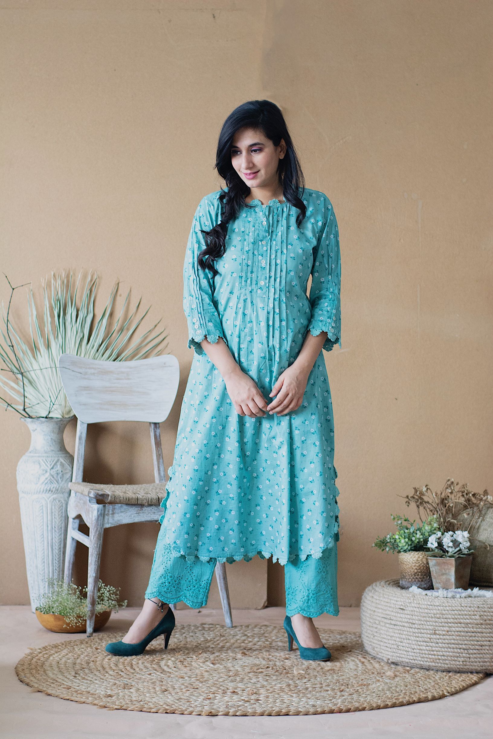 BLUE POPPY ROUNDED KURTA WITH SCHIFFLI PANTS - Naaz By Noor