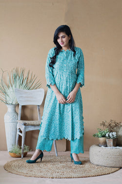 BLUE POPPY ROUNDED KURTA WITH SCHIFFLI PANTS - Naaz By Noor