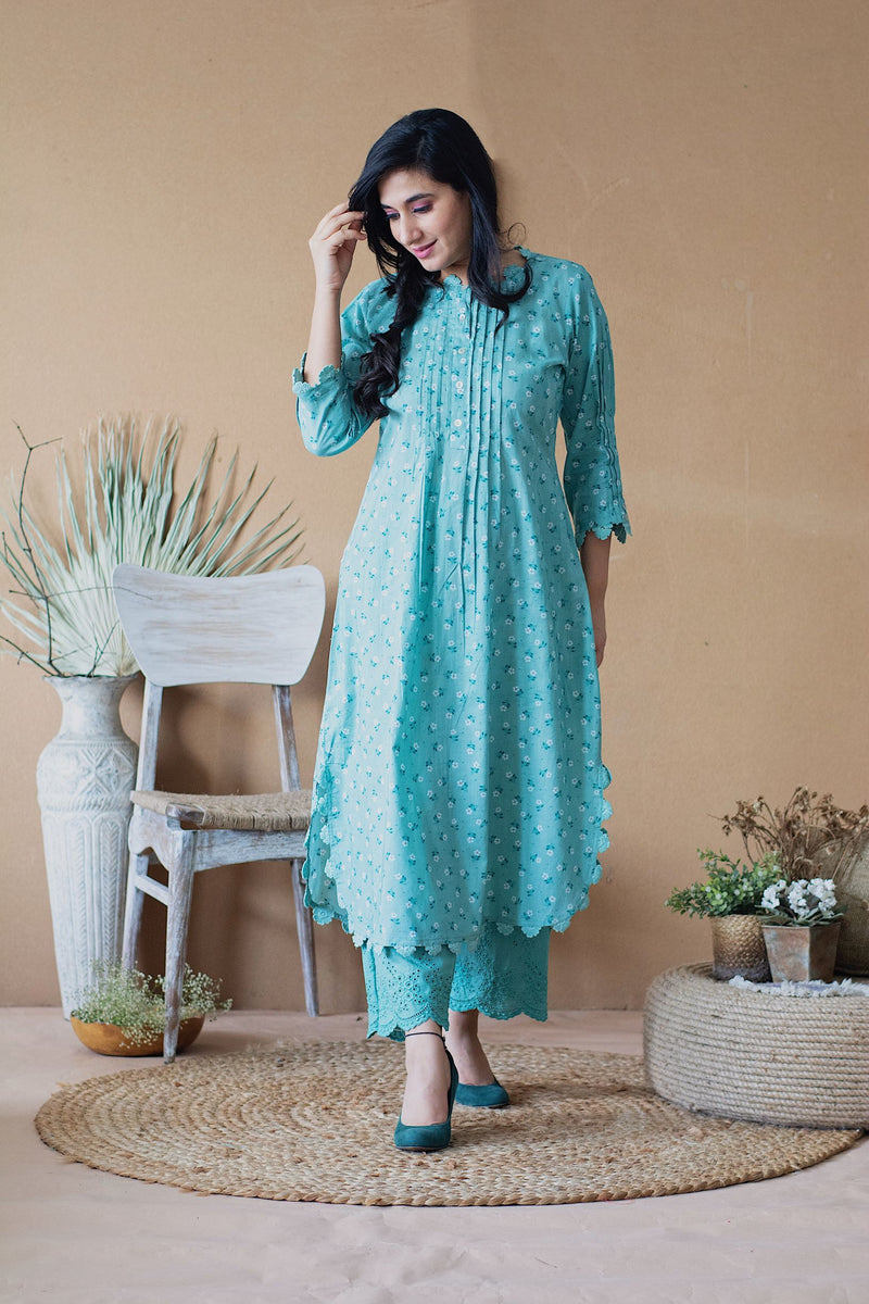 BLUE POPPY ROUNDED KURTA WITH SCHIFFLI PANTS - Naaz By Noor