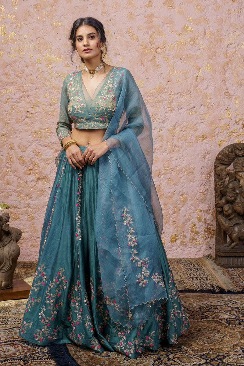 Bluesteel Embellished Lehenga Set With Dupatta - Naaz By Noor