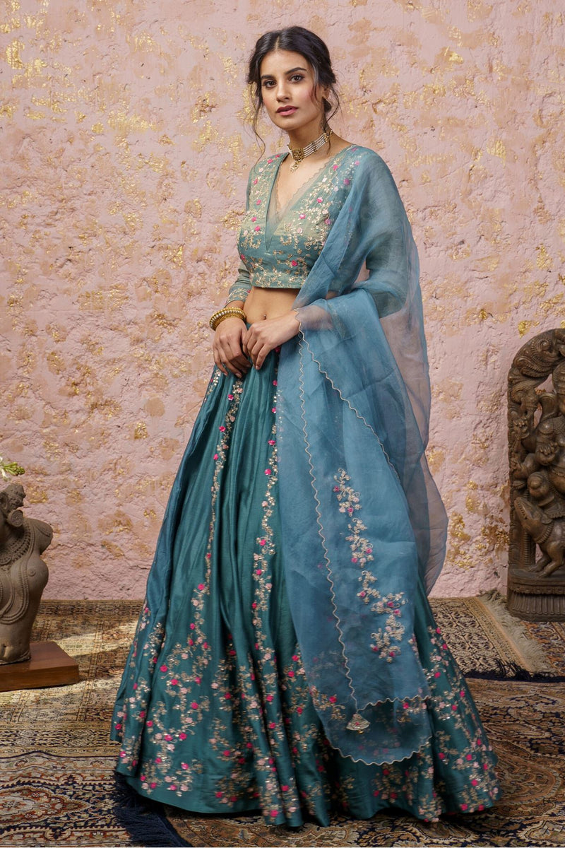 Bluesteel Embellished Lehenga Set With Dupatta - Naaz By Noor