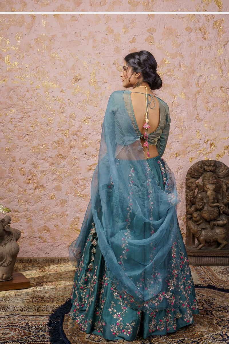 Bluesteel Embellished Lehenga Set With Dupatta - Naaz By Noor