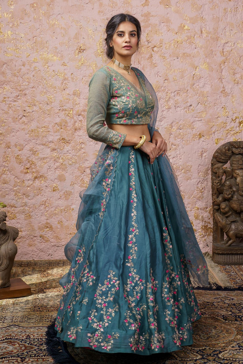 Bluesteel Embellished Lehenga Set With Dupatta - Naaz By Noor