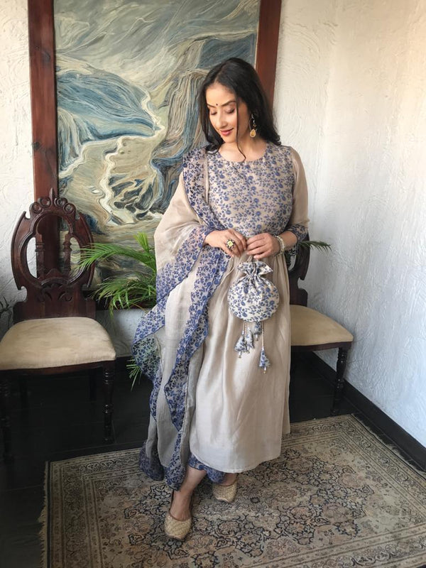 Bone Grey Kurta With Pants And Dupatta - Naaz By Noor