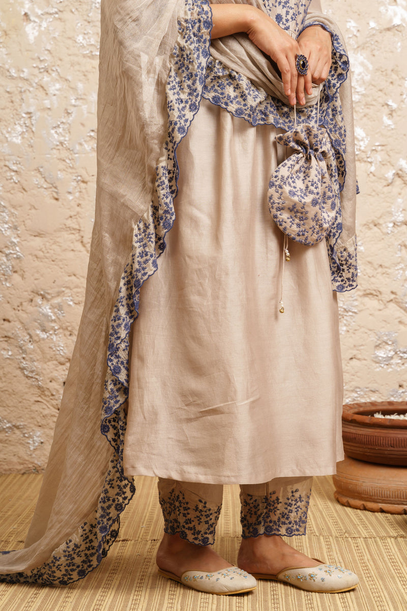 Bone Grey Kurta With Pants And Dupatta - Naaz By Noor