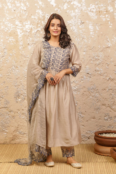 Bone Grey Kurta With Pants And Dupatta - Naaz By Noor