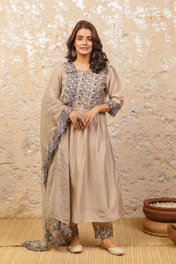 Bone Grey Kurta With Pants And Dupatta - Naaz By Noor